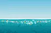 Illustration of plastic waste floating across a turquoise ocean, with marine silhouettes below.