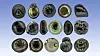 Fifteen rounded geological specimens arranged in three rows on a pale blue background.