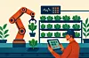 Illustration of a worker using a tablet beside a robotic arm and shelves of leafy crops.