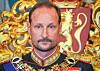 King Haakon VIII in ceremonial uniform before an ornate gilded backdrop at the Storting.