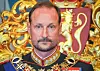 King Haakon VIII in ceremonial uniform before an ornate gilded backdrop at the Storting.