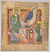 Illuminated medieval Latin Bible page showing a robed figure writing at a lectern.