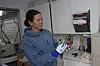 Researcher holding a long-eared owl in a lab setting
