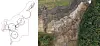 Site plan beside an aerial view of exposed rock, earth and dense vegetation.