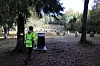 Woman in a high-visibility jacket walking through a tree-lined field with stone circles