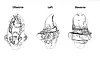 Line drawing showing obverse, left and reverse views of an ornamental object.