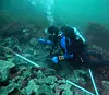 Scuba diver in blue equipment exploring a rocky seabed underwater